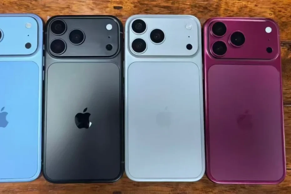 iPhone 18 Pro dummy units em quatro cores: preto, prata, azul claro e dark cherry